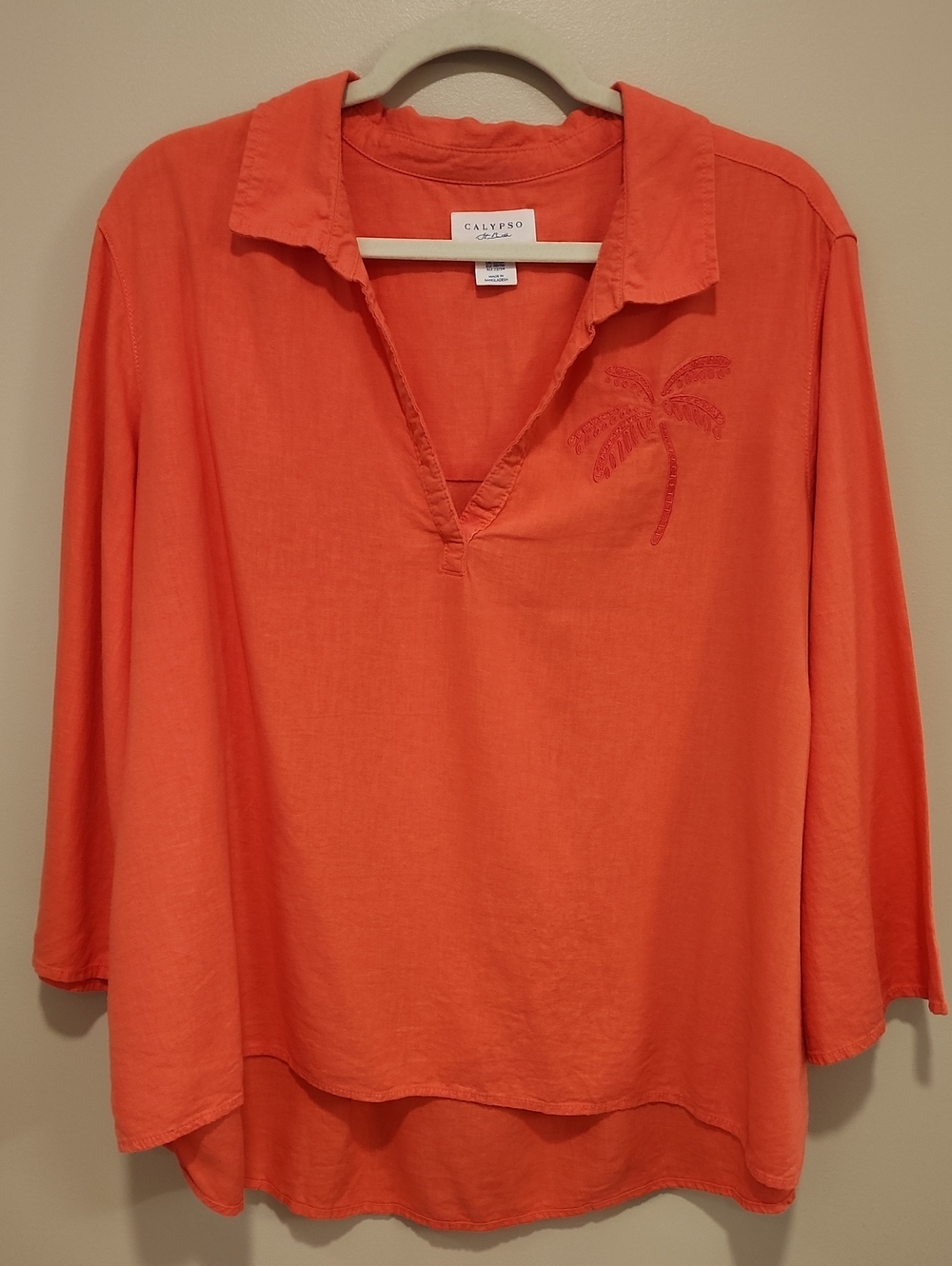 Calypso St Barth Linen Blend Embroidered Palm Tree Tunic Blouse Coral size 2X